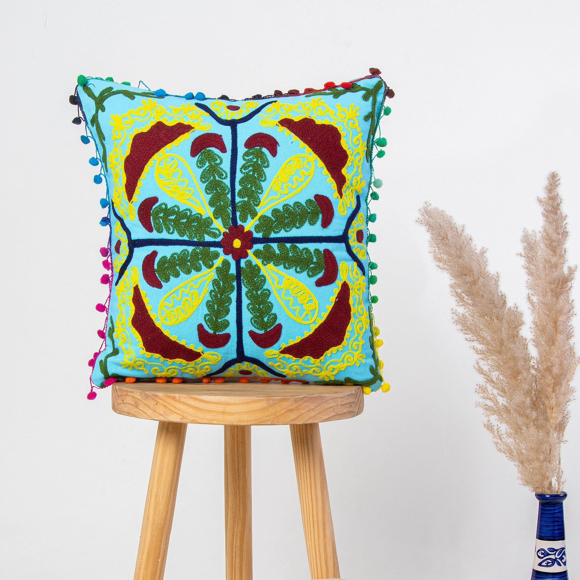 Sky Blue Cotton Embroidered Cushion Cover Best Design